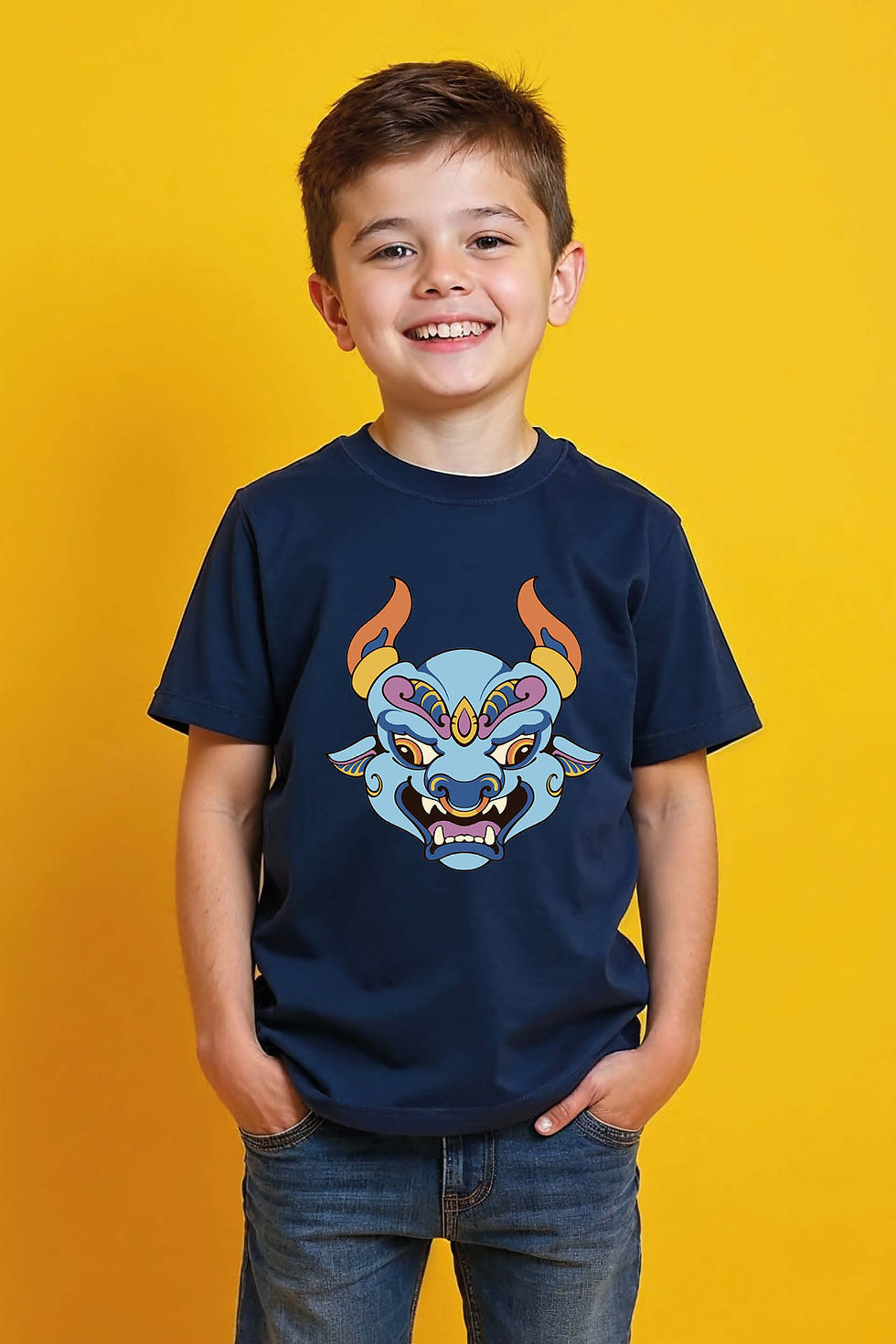 Thumbnail: Stylized Blue Ox/Bull Oni Mask Graphic Tee Modern Cartoon Printed T-Shirt