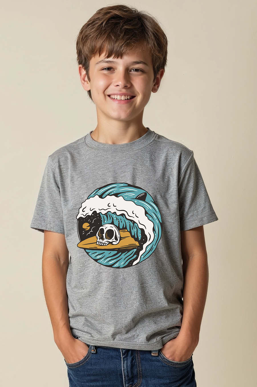 Thumbnail: Skull Surfing a Barrel Wave Comfortable Stylish Kids Graphic T-Shirt – Gaming