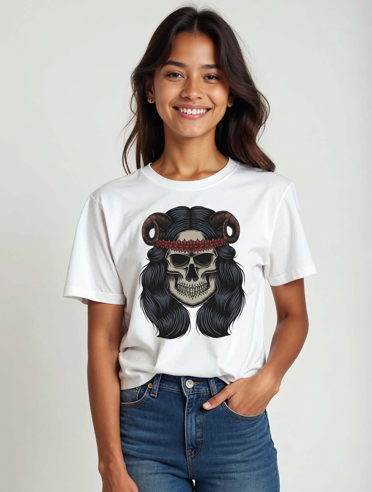 Gothic Skull with Horns and Hair Cool Women’s Printed Graphic Streetwear T-Shirt