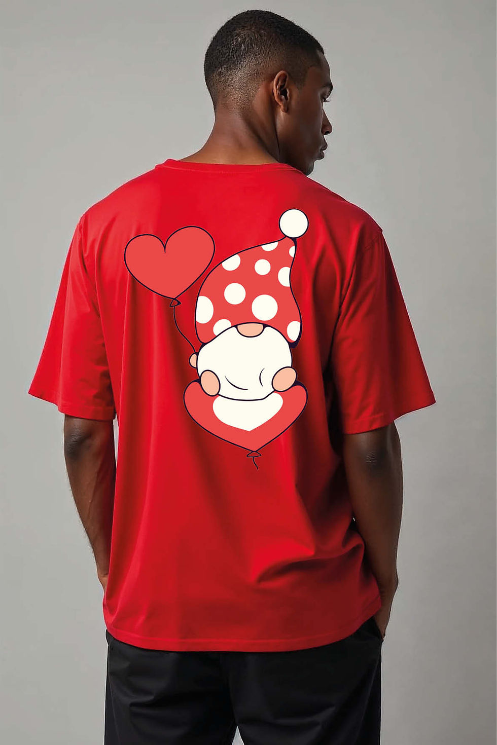 Polka Dot Gnome on Heart Balloon Casual Unisex Drop Shoulder Oversized T-Shirt