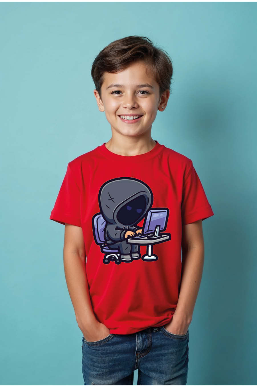 Thumbnail: Cute Hooded Hacker Coding Cool Casual Kids Printed T-Shirt – Illustration Print