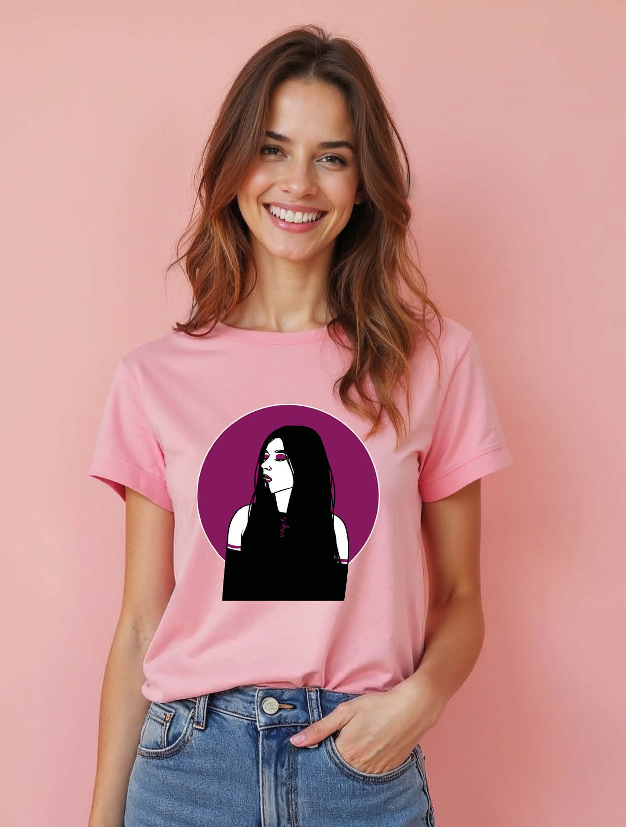 Long Hair Goth Pop Art Modern Women’s Typography T-Shirt – Discount Offer