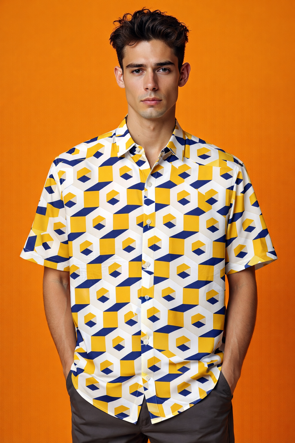 Geometric pattern and stern gaze Luxury Patterned All Over Print Oversized Shirt