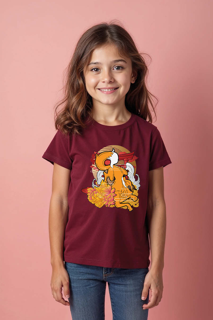 Flaming Fox Kids T-Shirt – Fiery Fox with Japanese Temple & Lotus Design