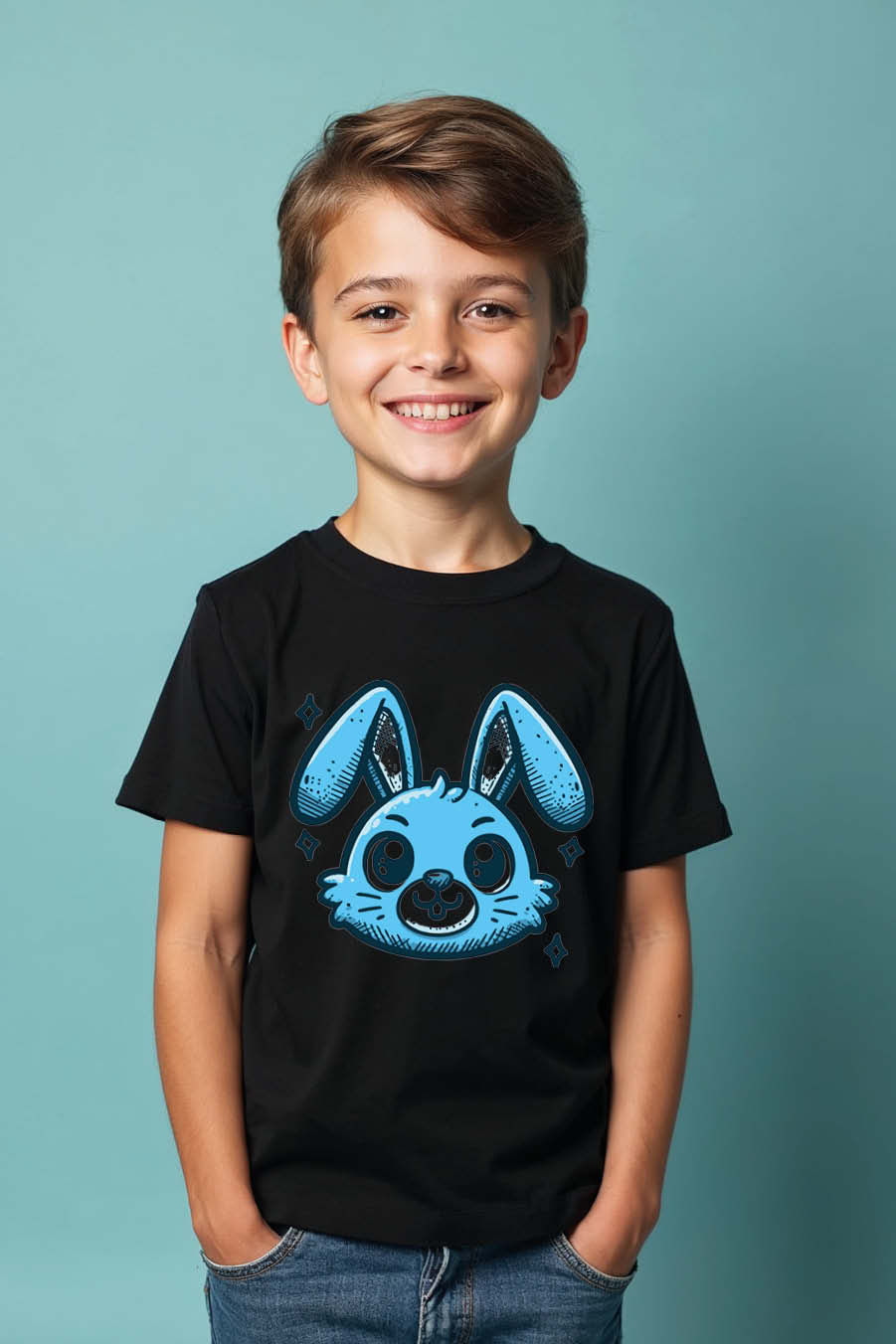 Thumbnail: Sparkly Big-Eyed Blue Bunny Kids T-Shirt Soft Trendy Printed Tee for Kids