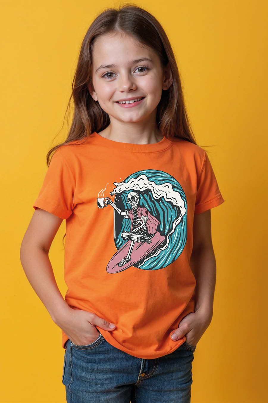 Thumbnail: Skeleton Surfer Coffee Wave Everyday Kids Graphic Tee – Sports Print Design