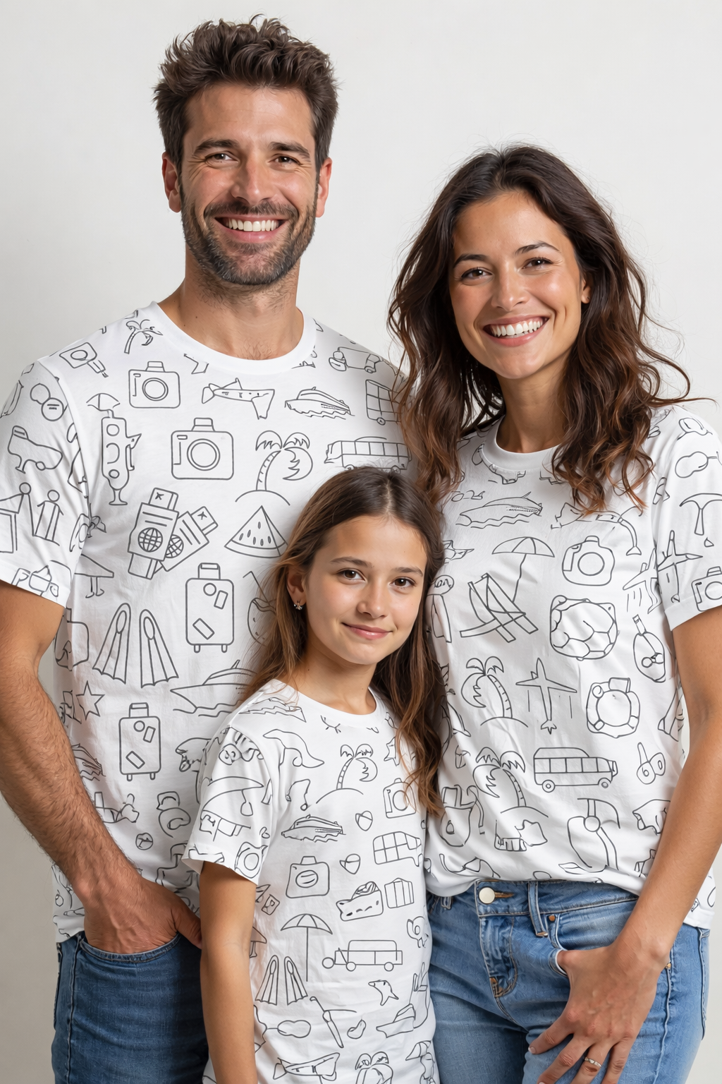 Family portrait with travel-themed matching printed Tees pack of 3