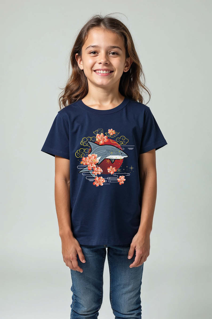 Japanese Art Shark and Cherry Blossom Trendy Kids Printed T-Shirt