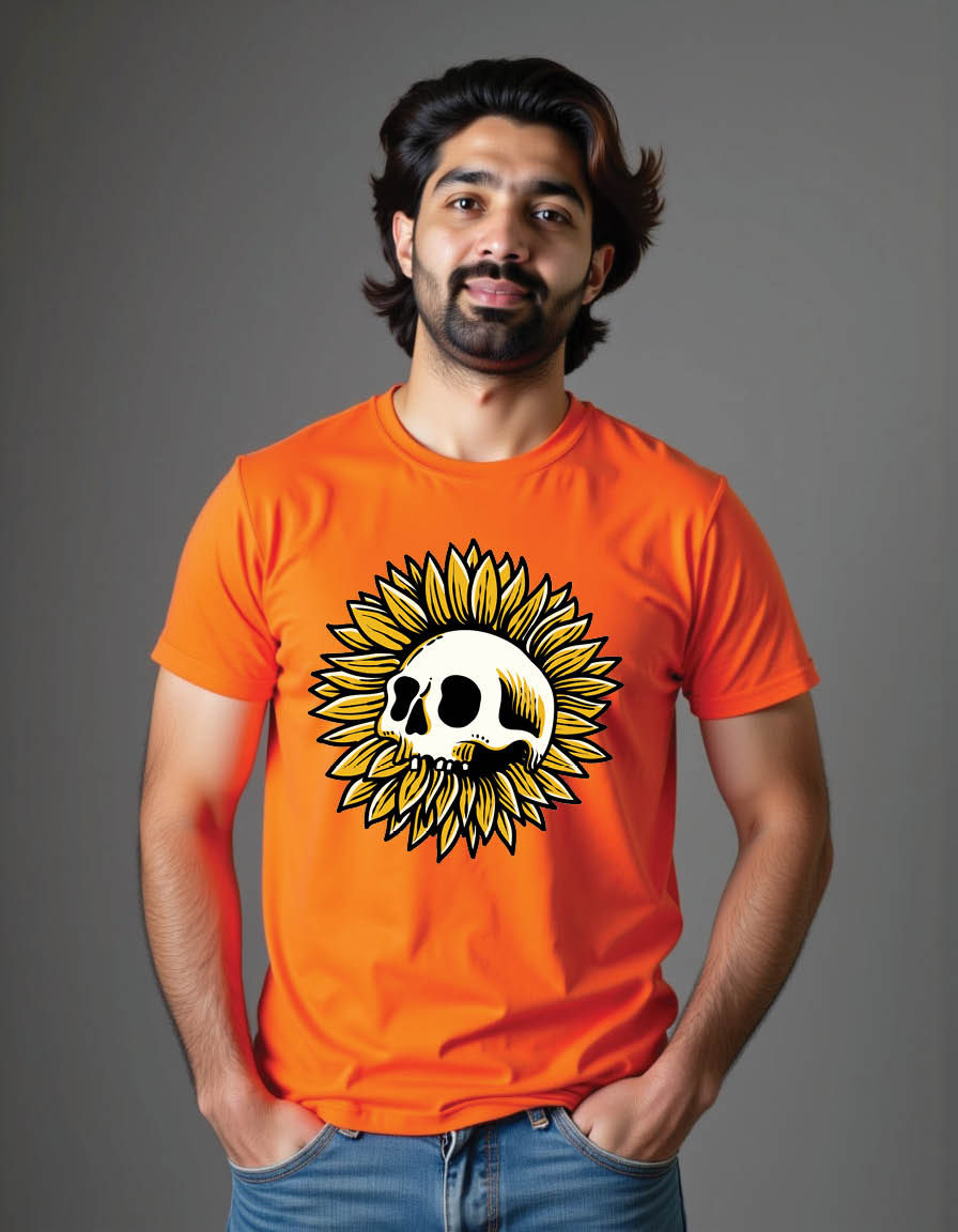 hand drawn skull with sunflower mens printed graphic t shirts