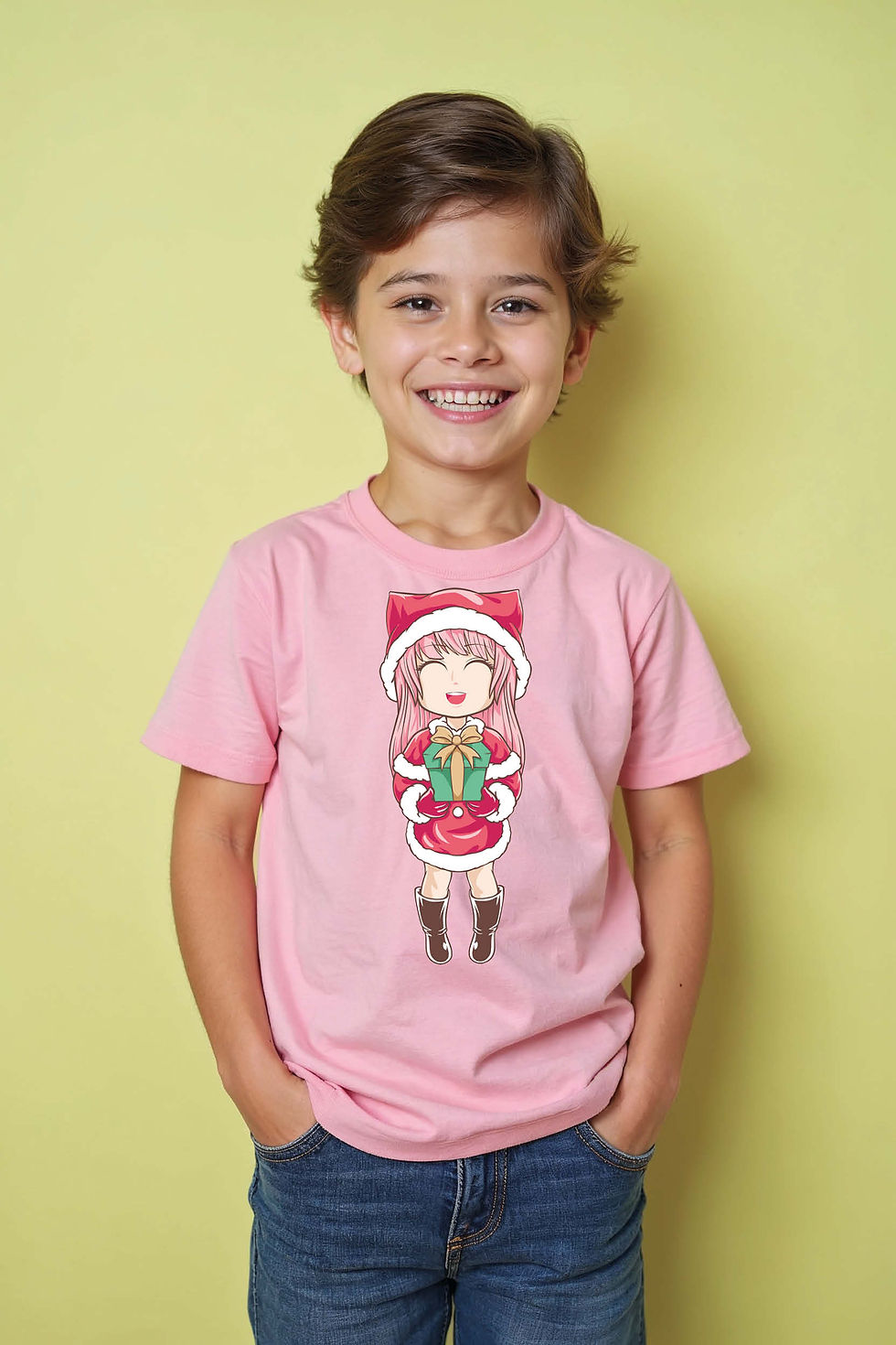 Thumbnail: Chibi Girl in Santa Costume Holding a Gift Shirt Trendy Printed Tee for Kids