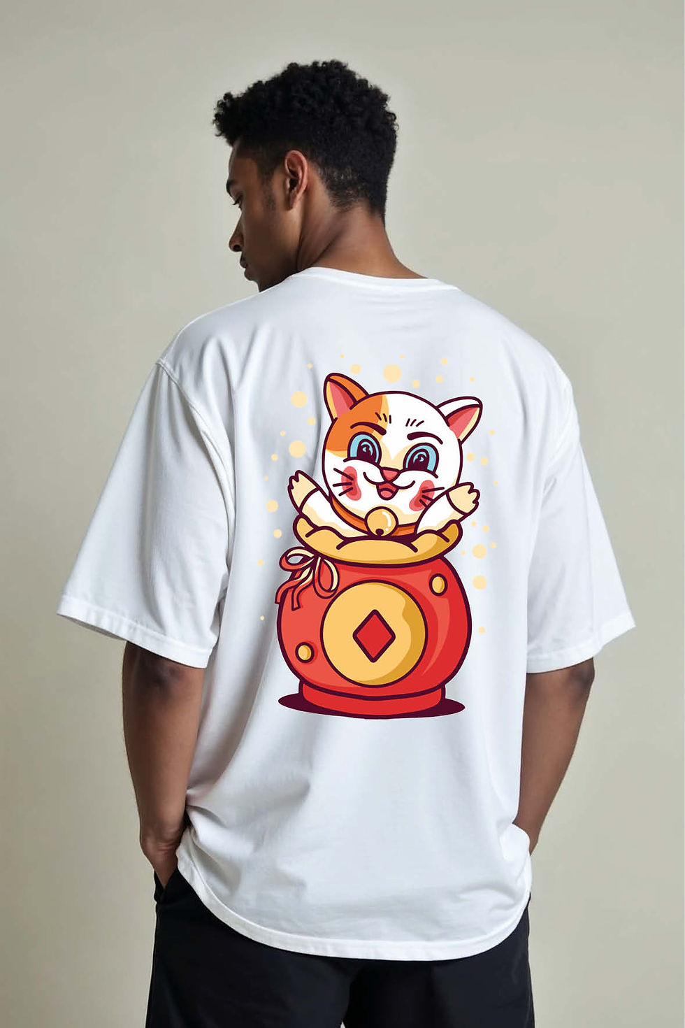 Lucky Cat Money Pot Trendy Unisex Drop Shoulder Oversized T-Shirt