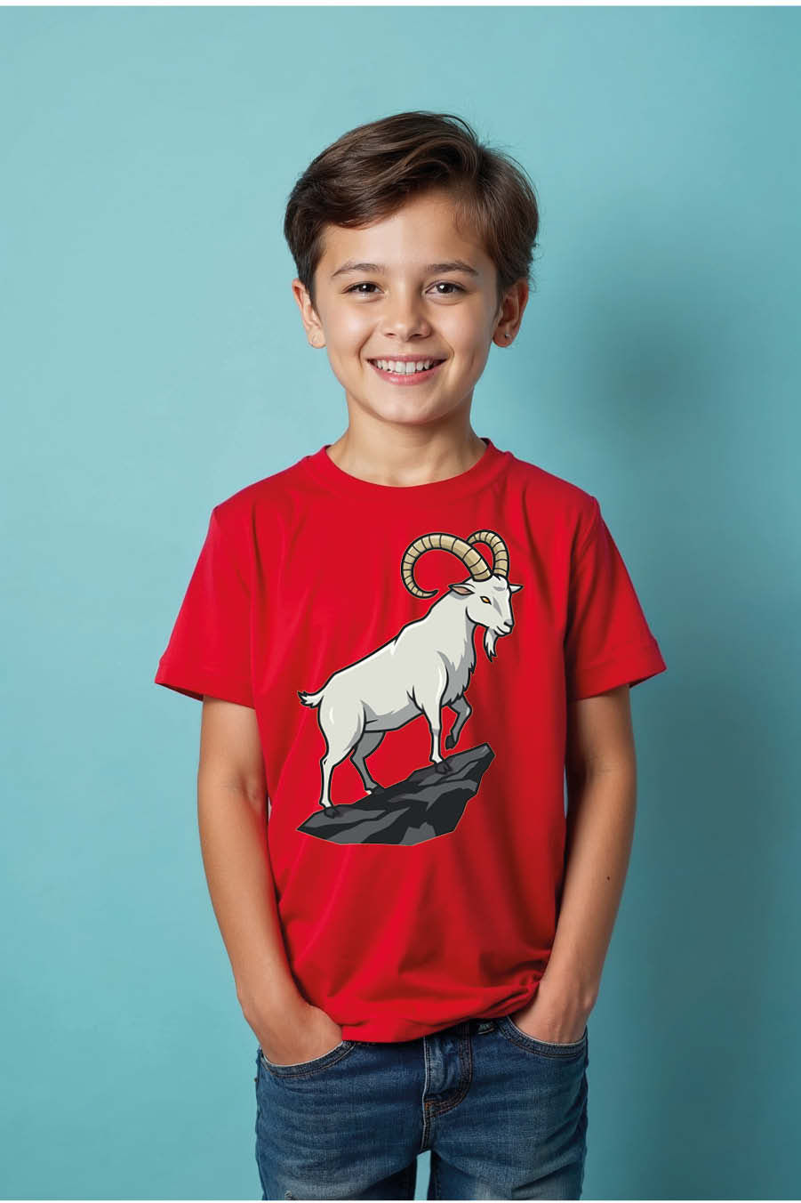 Thumbnail: Majestic Mountain Goat on a Rock Kids T-Shirt Trendy Casual Kids Printed T-Shirt