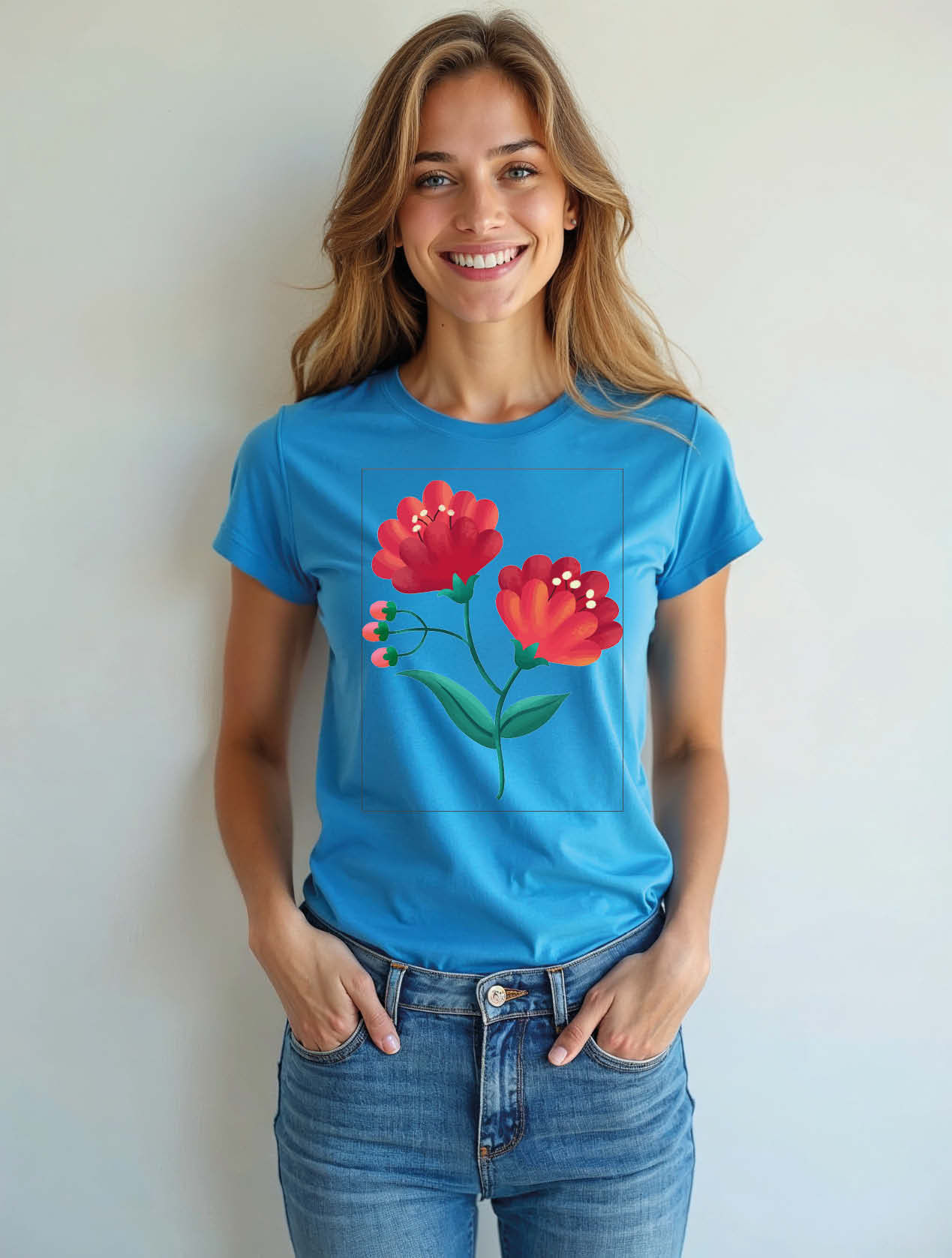 Bold Red Folk Flower Classic Women’s Printed T-Shirt – Hot Deal