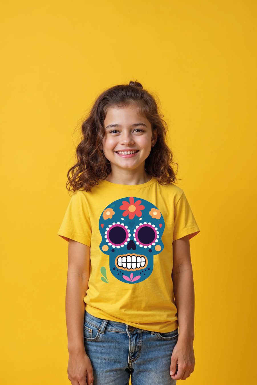 Thumbnail: Kids' Vibrant Blue Sugar Skull T-Shirt Cool Kids Graphic  Drawing Print Des