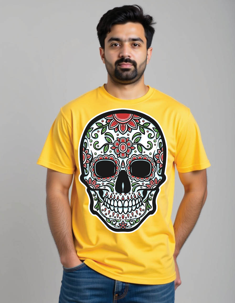Thumbnail: sugarskull with floral ornament mens printed graphic t shirt