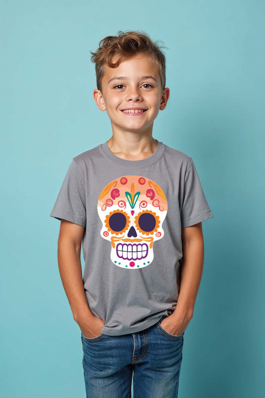 Thumbnail: Kids Sugar Skull Graphic Printed T-Shirt Soft Kids Graphic Tee – Illustration