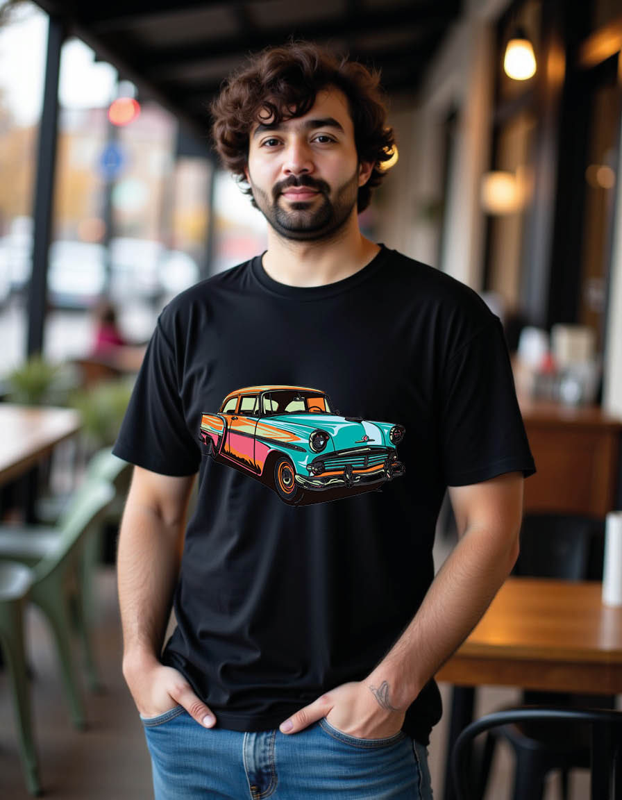 Thumbnail: car with pop art style mens printed graphic t shirt