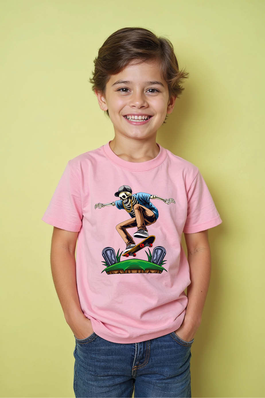 Skateboarding Skeleton Grave Jump Tee Cotton Casual Kids Printed T-Shirt