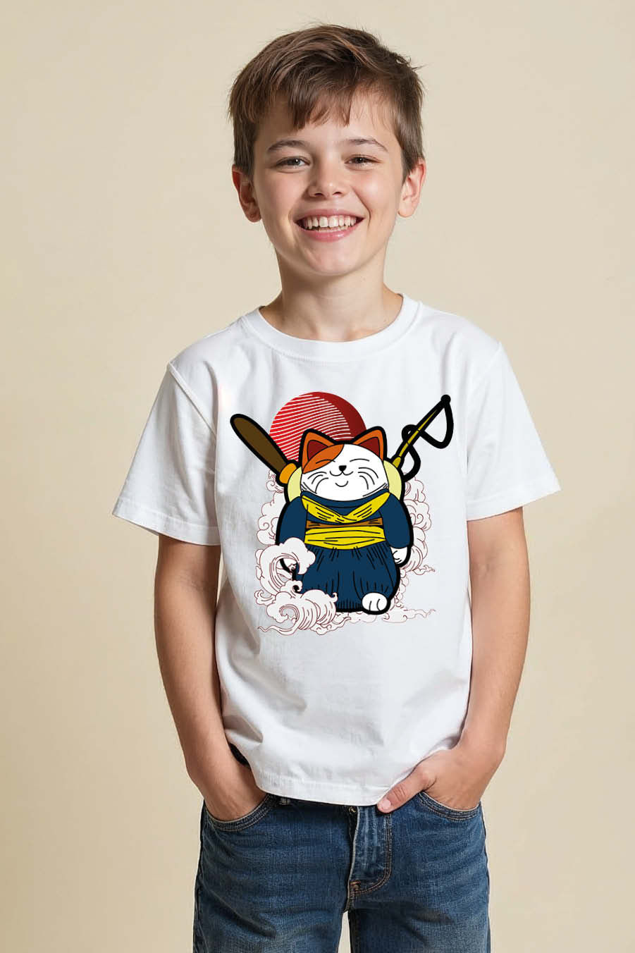Thumbnail: Samurai Lucky Cat Japanese Warrior T-Shirt Playful Typography Print T-Shirt