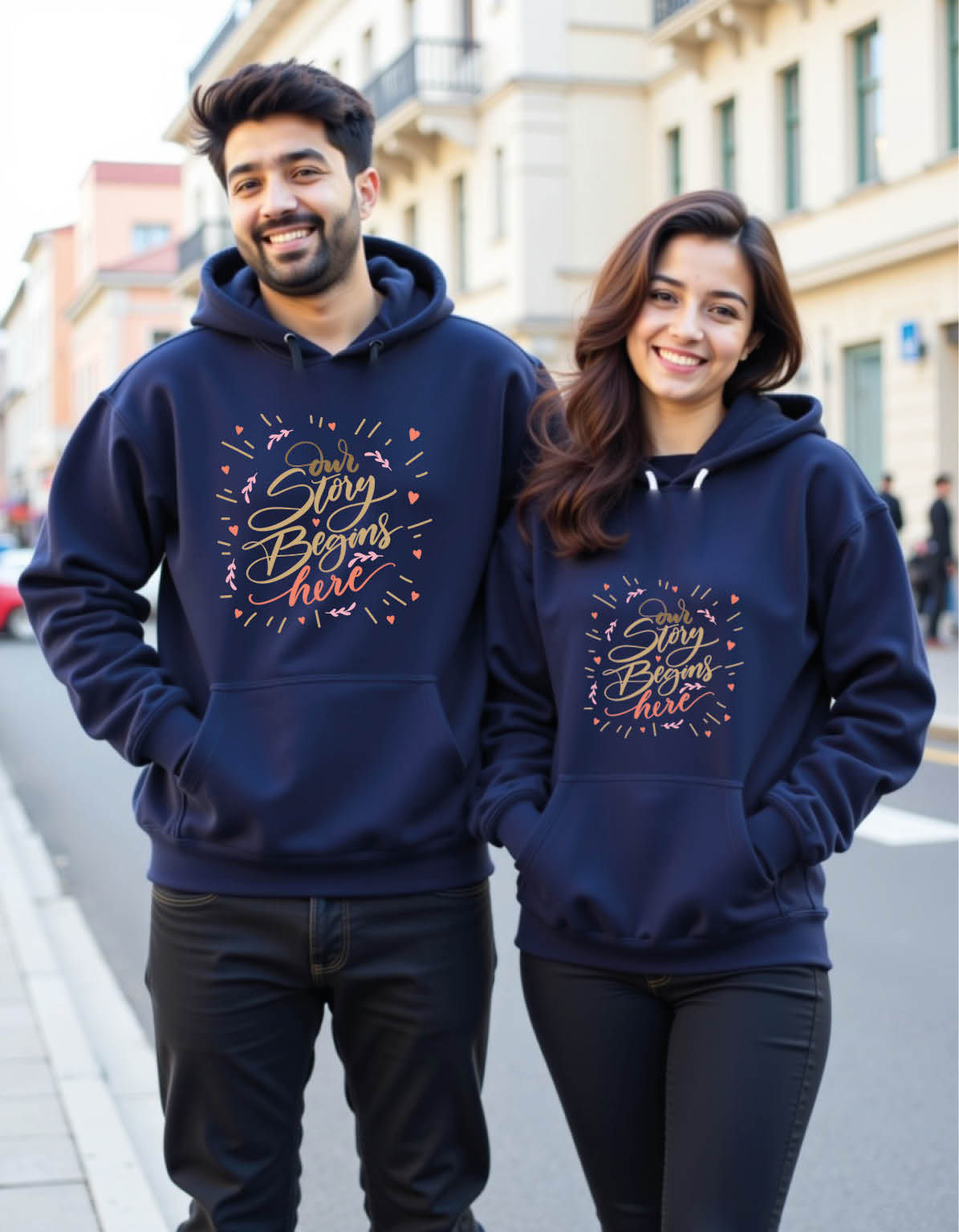 our story begins here Casual Printed Graphic Couple Hoodies