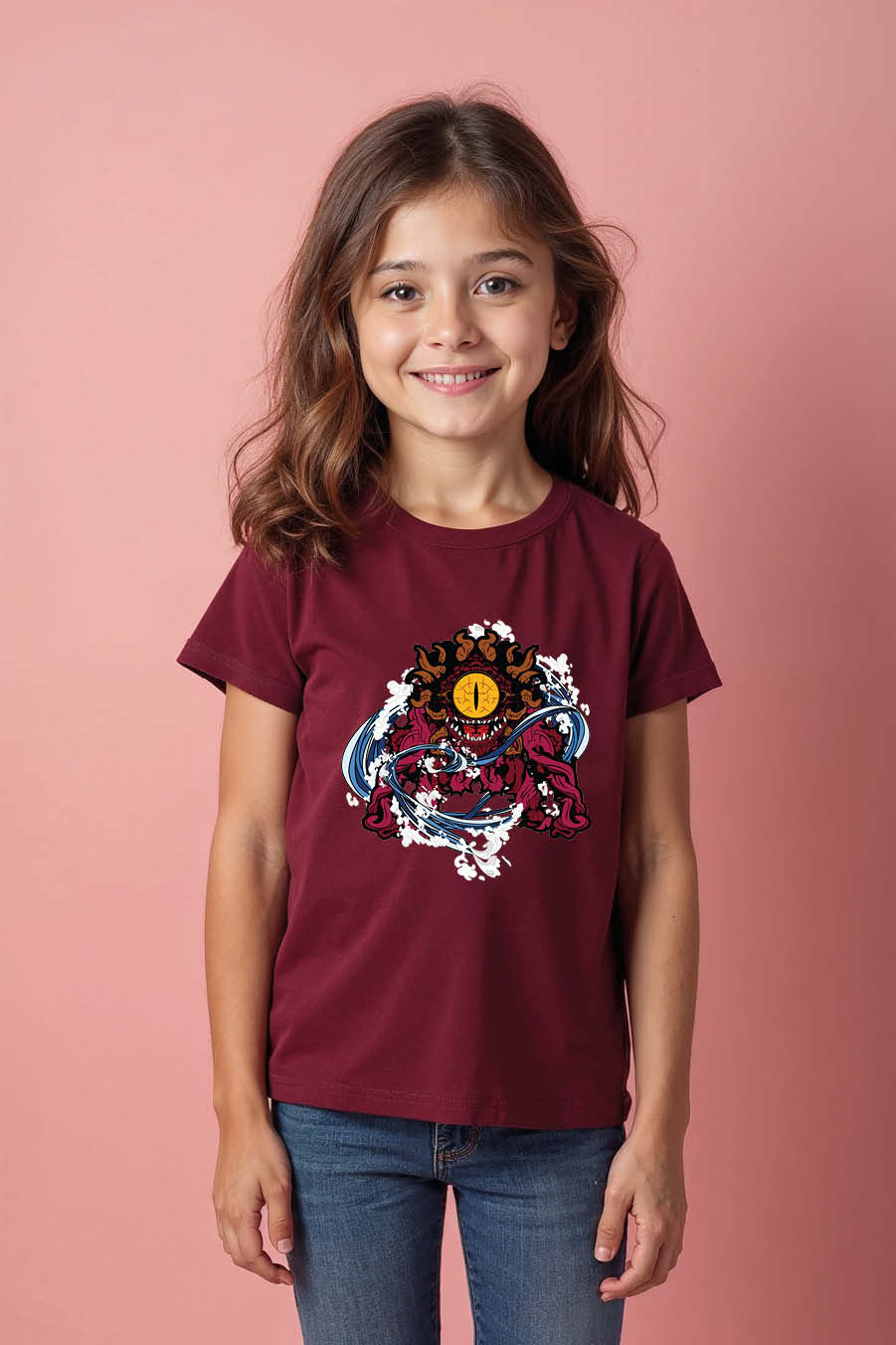 Thumbnail: Single Eye Oni and Ukiyo-e Waves Colorful Cartoon Printed T-Shirt