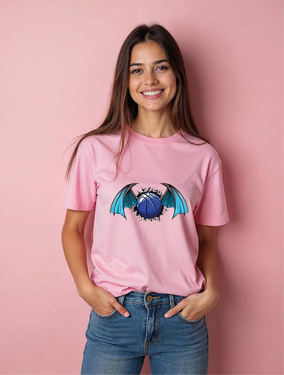 Thumbnail: Blue Basketball with Dragon Wings Stylish Women’s Printed Graphic Streetwear Tee