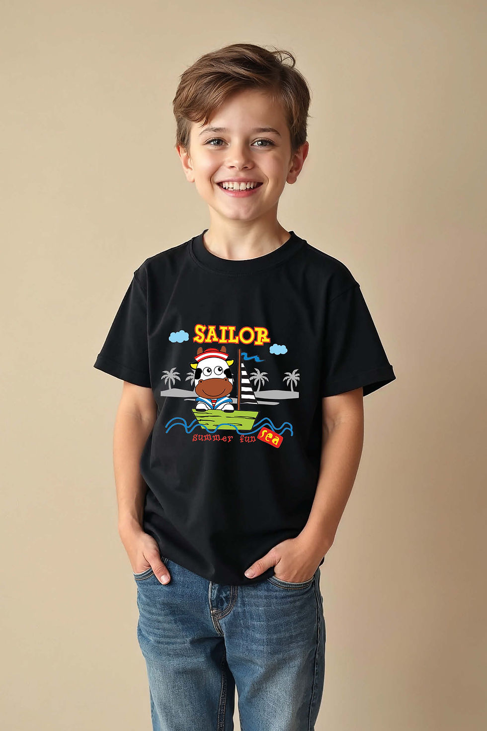 Thumbnail: Sailor To Boarting Cartoon Modern Unisex Kids Graphic Tee – Artwork Print Design