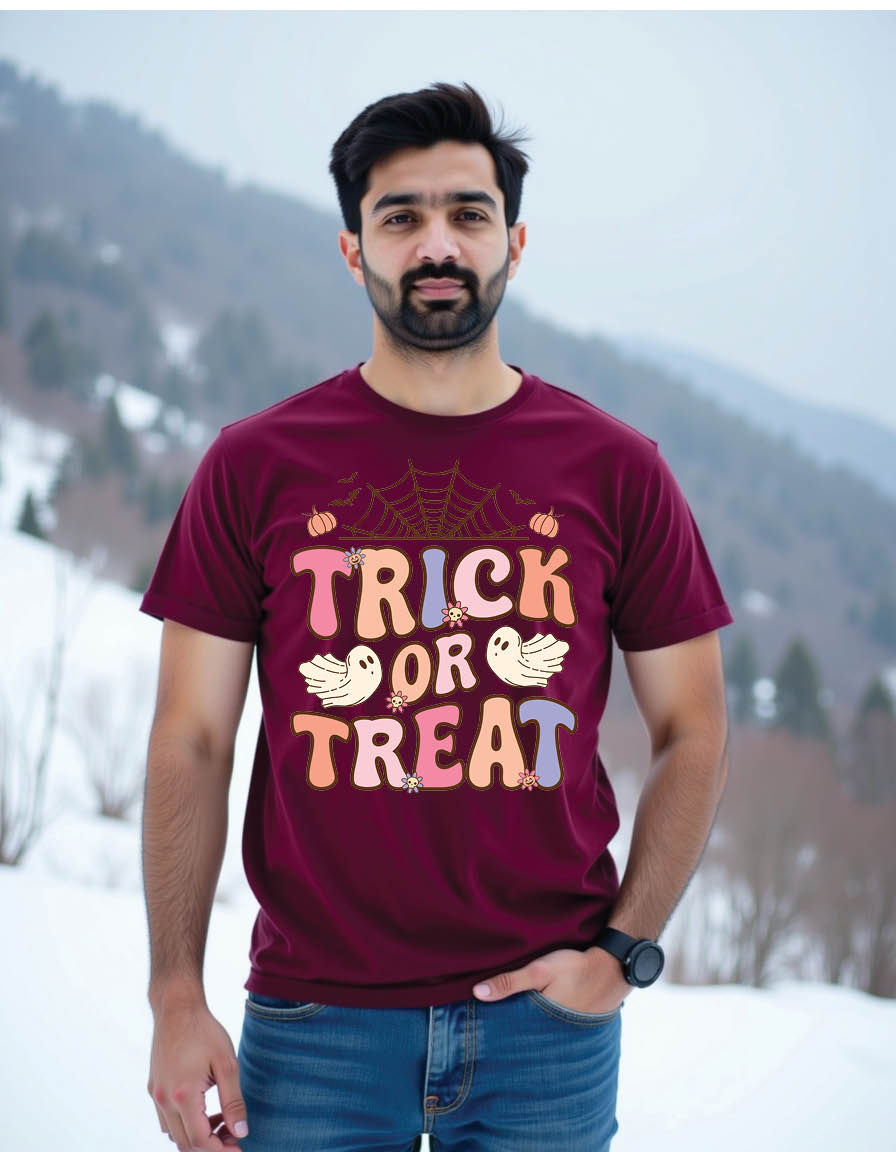 Thumbnail: trick treat retro groovy halloween mens printed graphic t shirt