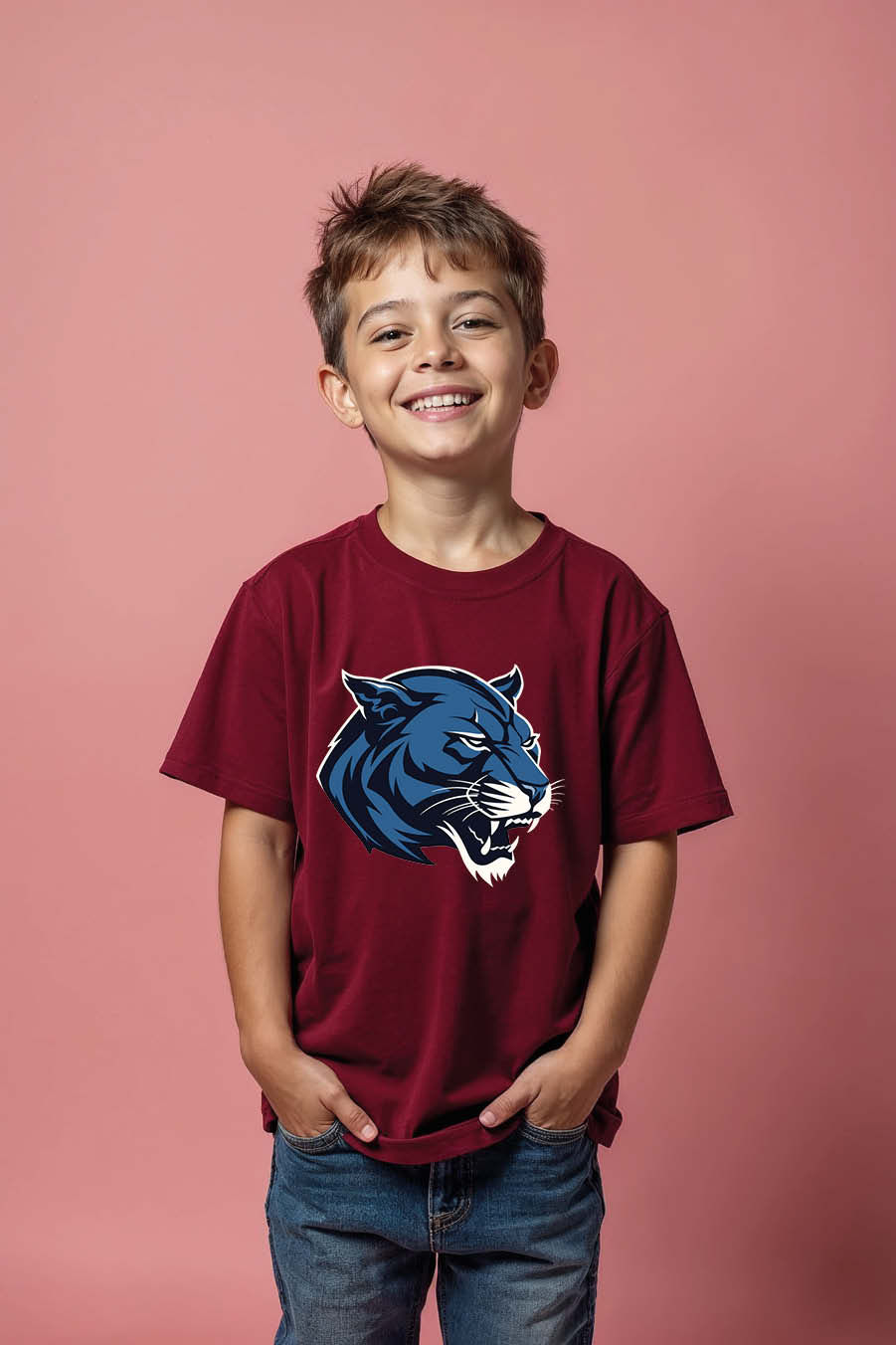 Thumbnail: Fierce Blue Panther Mascot Graphic T-Shirt for Kids Soft Typography Print