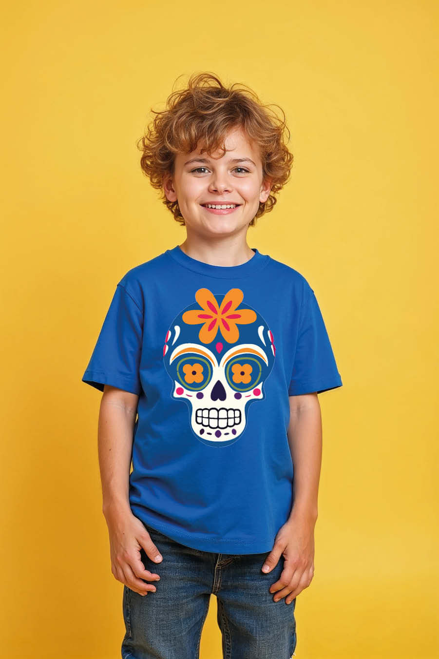 Thumbnail: Vibrant Blue Floral Sugar Skull Kids T-Shirt - Day of the Dead Tee
