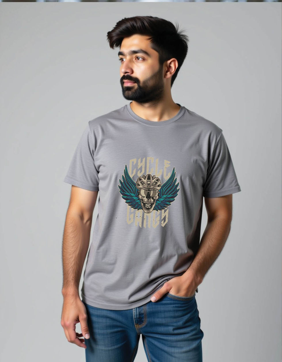 Thumbnail: skull bicycle helmet wings mens printed graphic t shirt