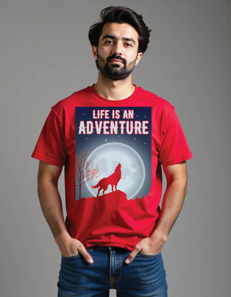 Thumbnail: life is adventure moonlit with wolf silhouette mens printed graphic t shirt