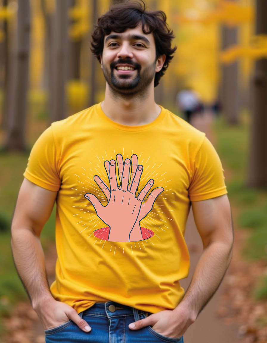 Thumbnail: high five with two hand palms clapping sunburst around mensprintedgraphic tshirt
