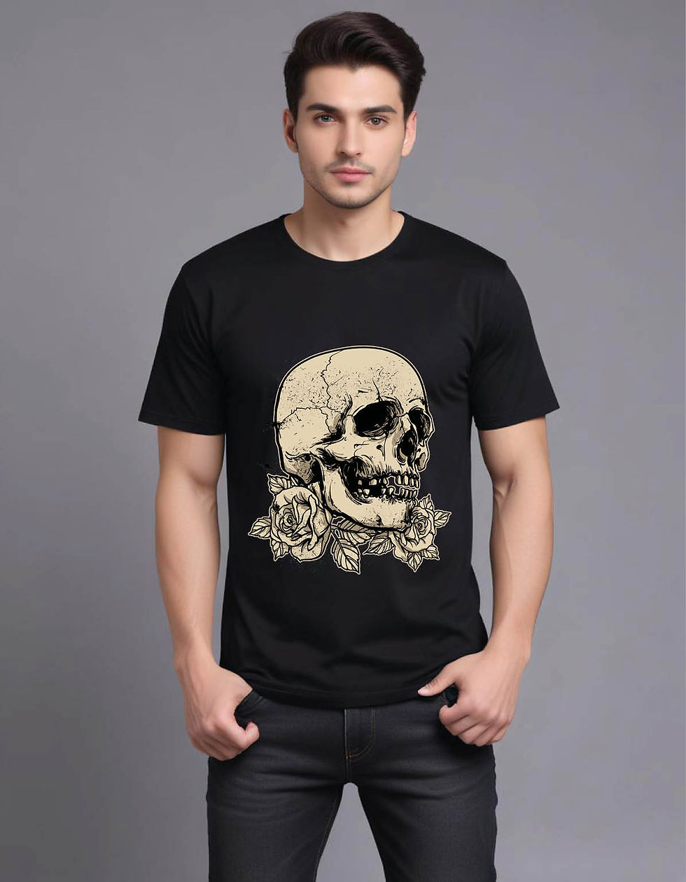 Thumbnail: hand drawing skull with rose  mens printed graphic t shirt