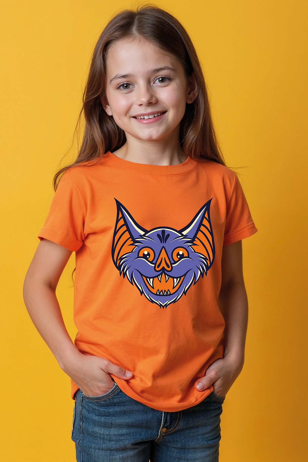 Thumbnail: Smiling Bat Face KidsT-Shirt – Cute Halloween Cartoon Graphic Tee