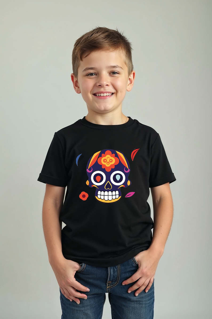 Thumbnail: Joyful Sugar Skull Kids T-Shirt – Bright Festive Graphic Tee for Boys & Girls