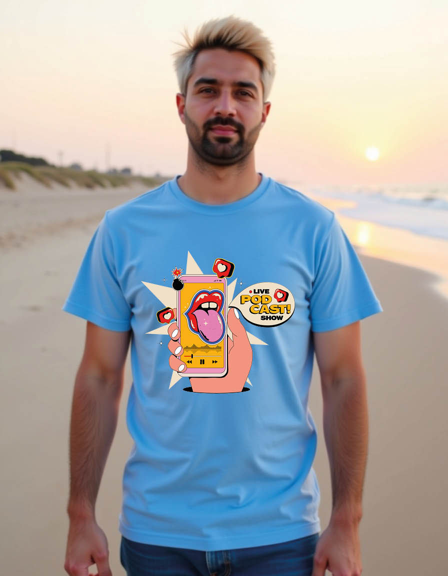 Thumbnail: podcast smartphone online live show concept with mens printed graphic t shirts