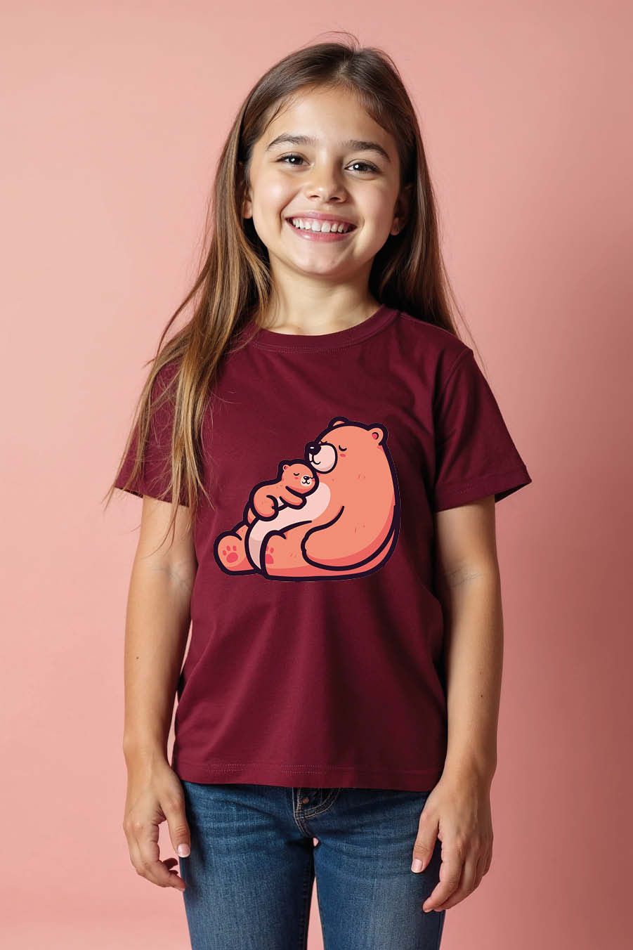 Thumbnail: Bear Mom Cuddling Cub Stylish Typography Print T-Shirt for Kids – Space Print