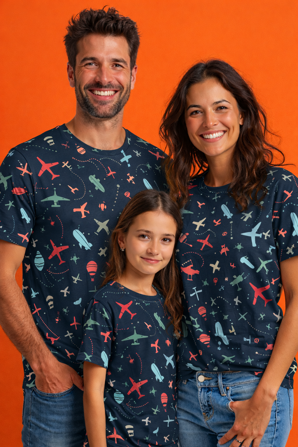 Family colorful airplane themed matching printed tshirts pack of 3