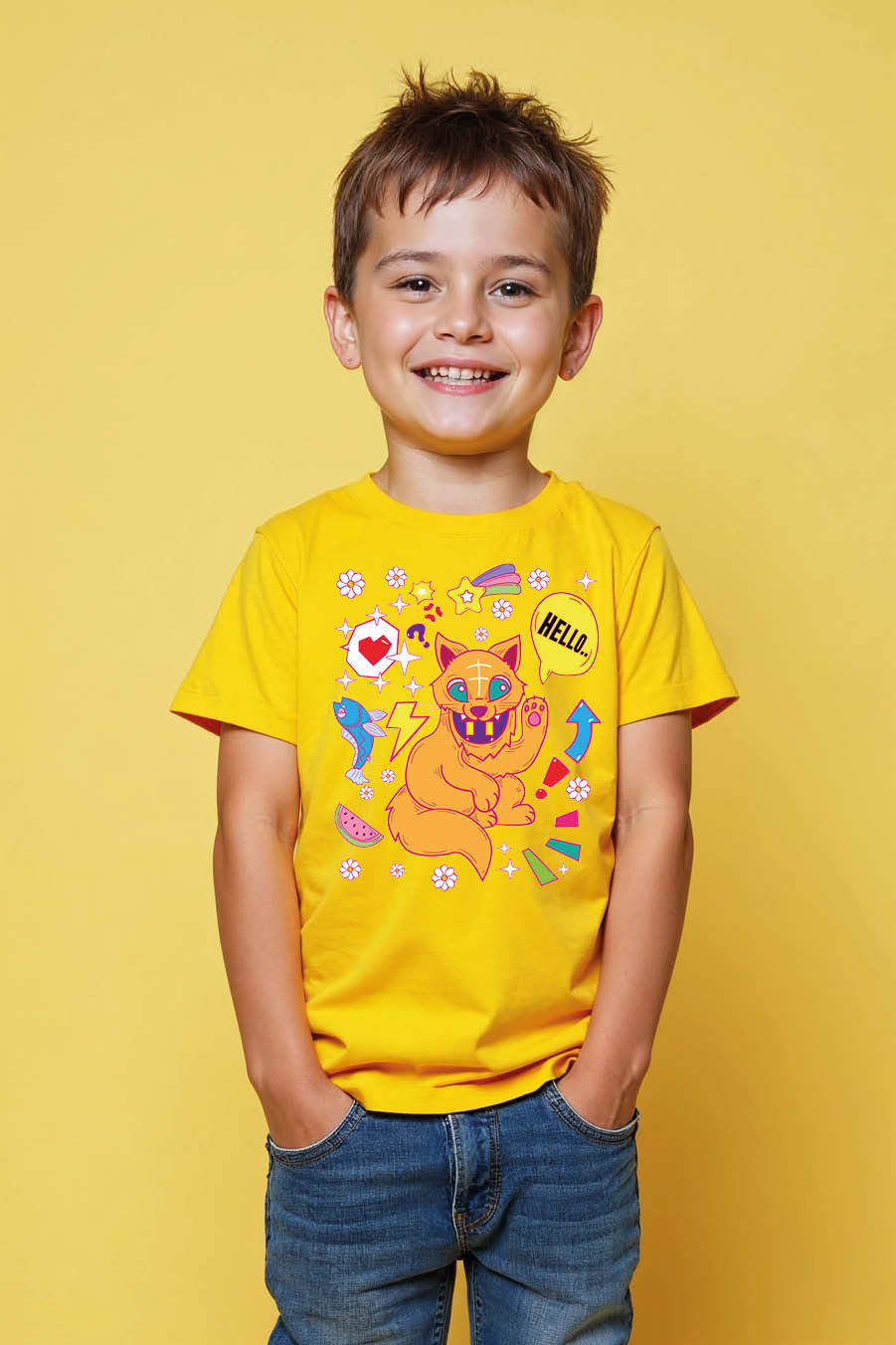 Thumbnail: hello cartoon Colorful Cute Kids Typography T-Shirt – Cartoon Print Design