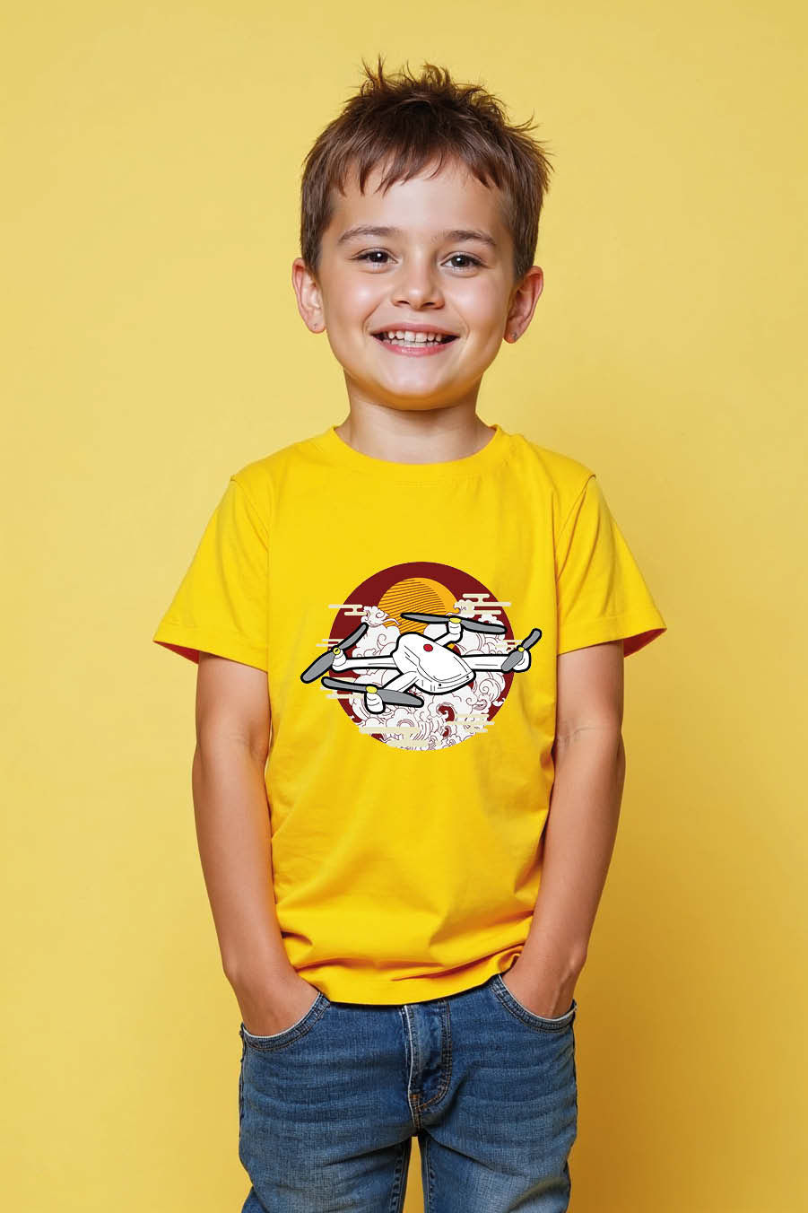 Thumbnail: White Drone and Japanese Art Style Graphic Colorful Casual Kids Printed T-Shirt