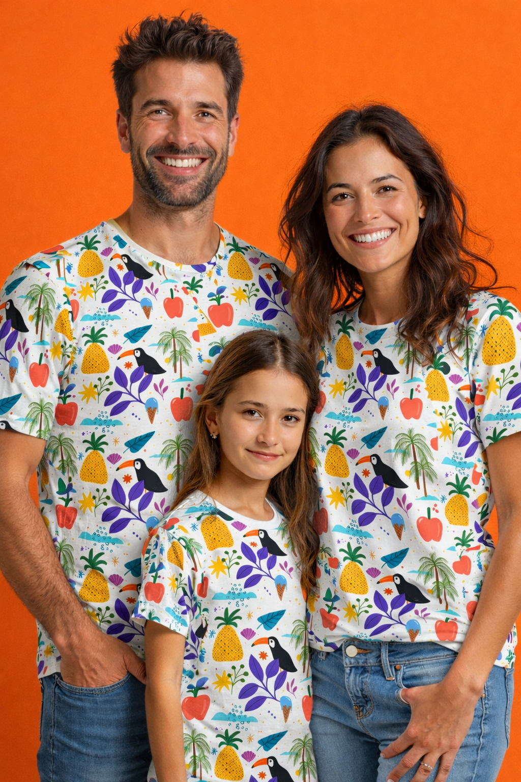 Tropical family portrait in matching printed tees pack of 3