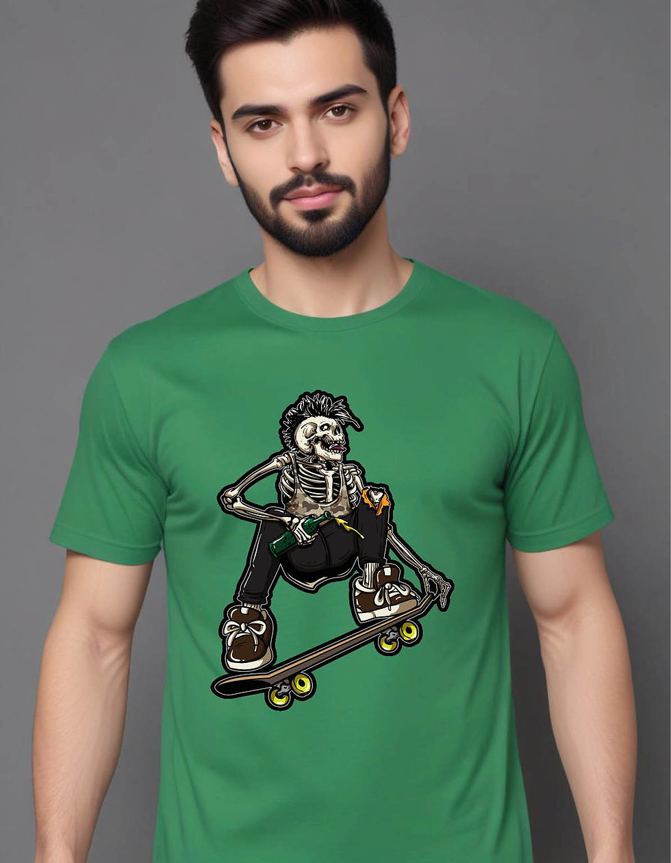 Thumbnail: hand drawn style skull  riding skateboard mens printed graphic t shirt
