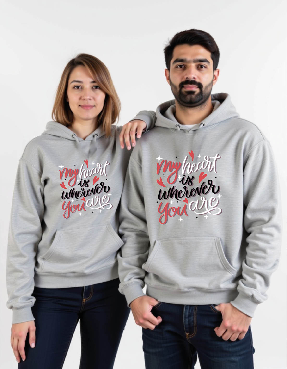 my heart is wherever you are Classic Printed Graphic Couple Hoodies