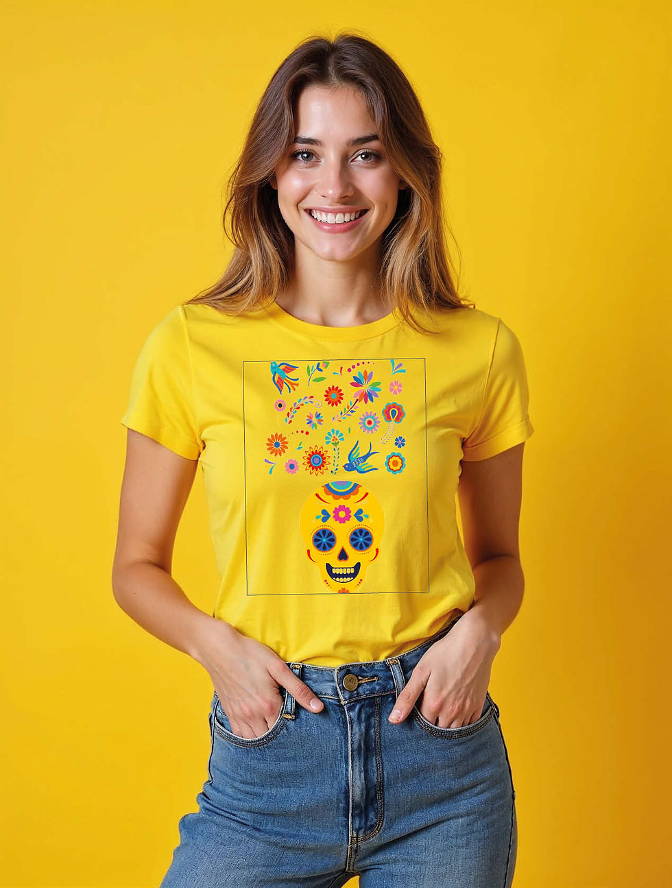 Thumbnail: Vibrant Calavera and Folk Art Graphic Modern Womens Printed T-Shirt – Hot Deal
