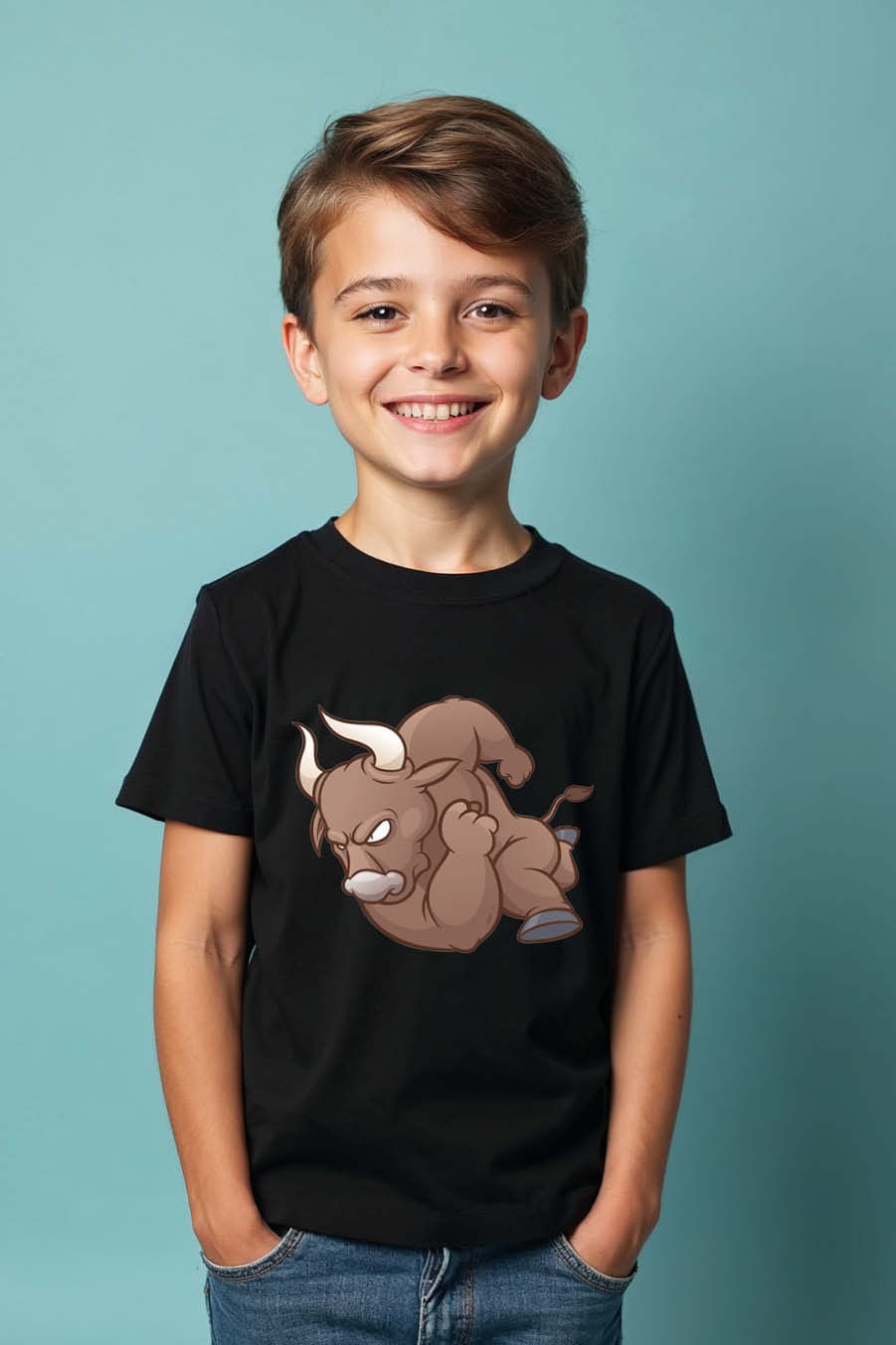 Thumbnail: Furious Charging Bull Cartoon Graphic T-Shirt Colorful Trendy Printed Tee