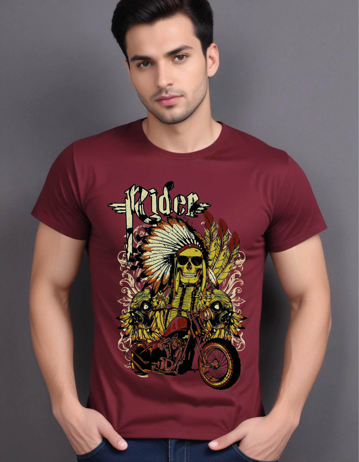 indian rider with motorcycle skulls mens printed graphic t shirt