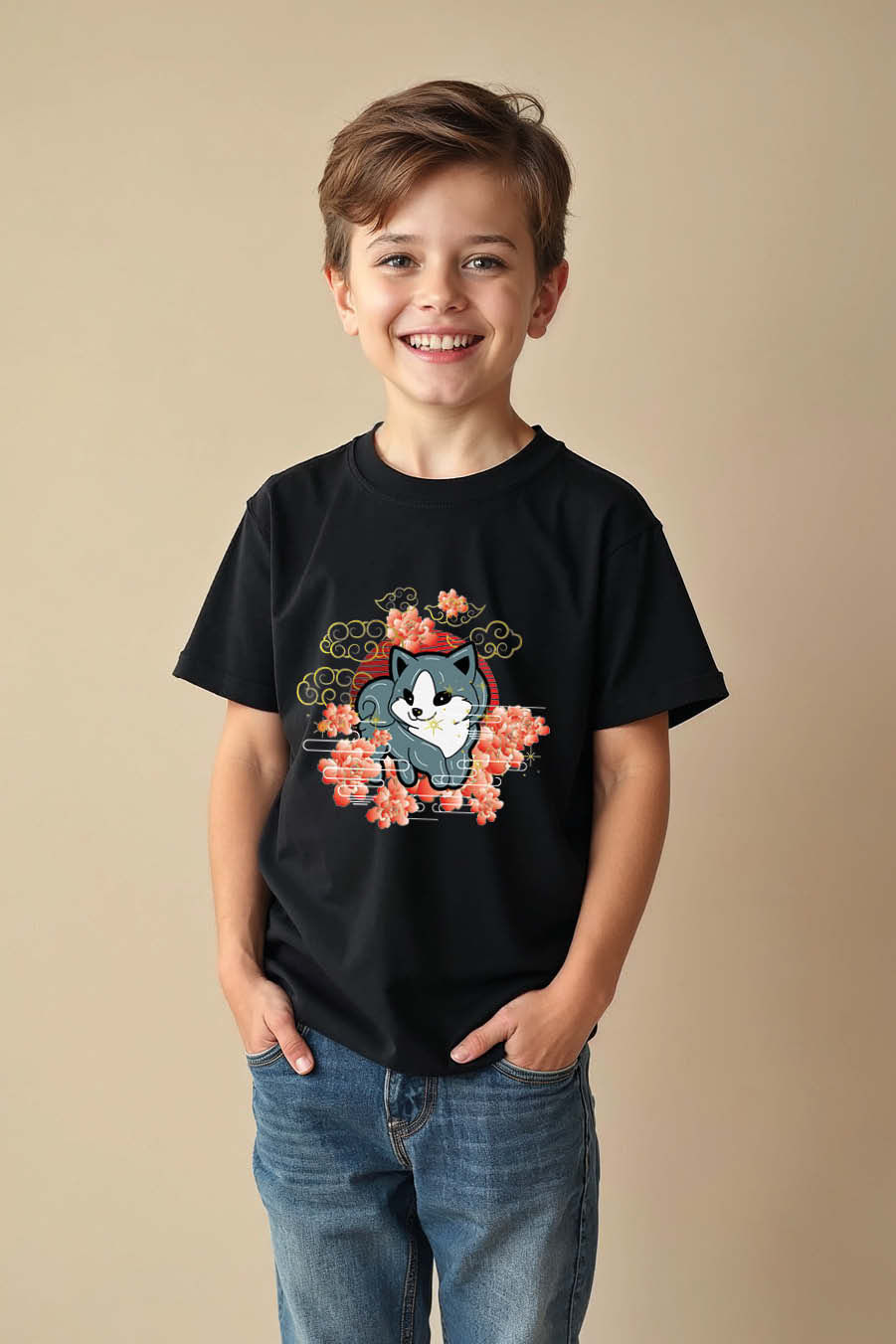 Thumbnail: Husky Puppy and Cherry Blossom Graphic Trendy Printed T-Shirt Boys & girls