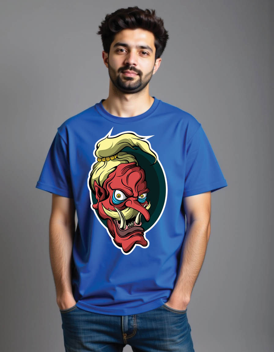 japan red demon sticker blue mens printed graphic t shirt