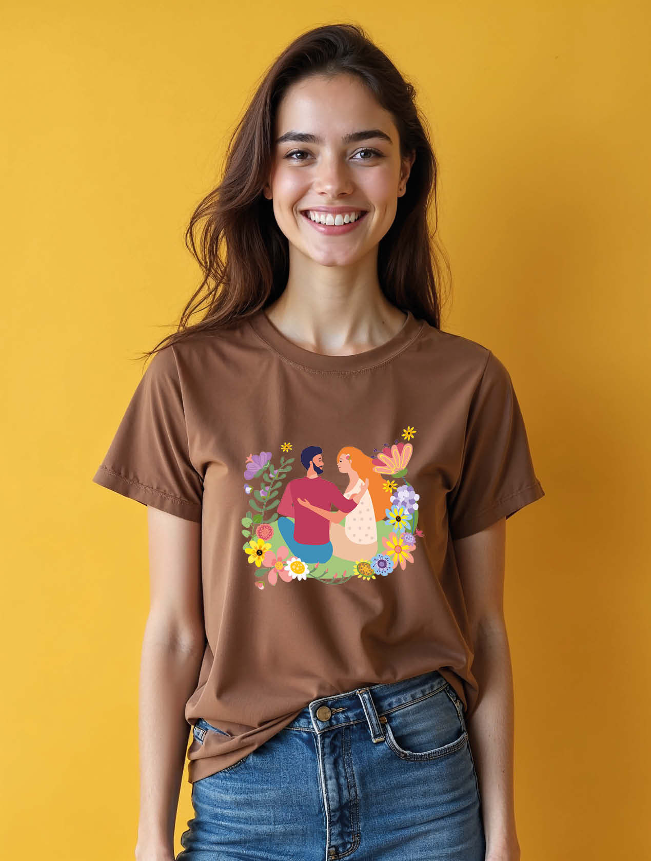 Romantic Floral Couple Stylish Women’s Typography T-Shirt – Sale